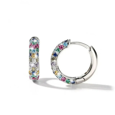 Multicolor Paved 14K White Gold Plated Cubic Zirconia Women Huggie Hoop Earrings